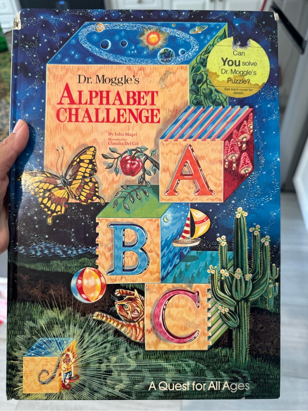 Dr. Moggle’s Alphabet Challenge kids giant book, psychedelic collage retro art